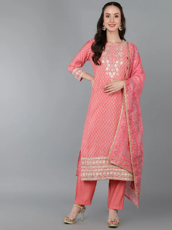 Women's Silk Blend Embroidered Printed Kurta Pant With Dupatta - Ahika Stylish Casual Pants