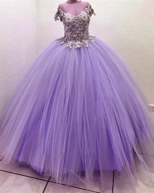 Ball Gown V Neck 3D Flowers Tulle Dresses Square Neckline Feminine