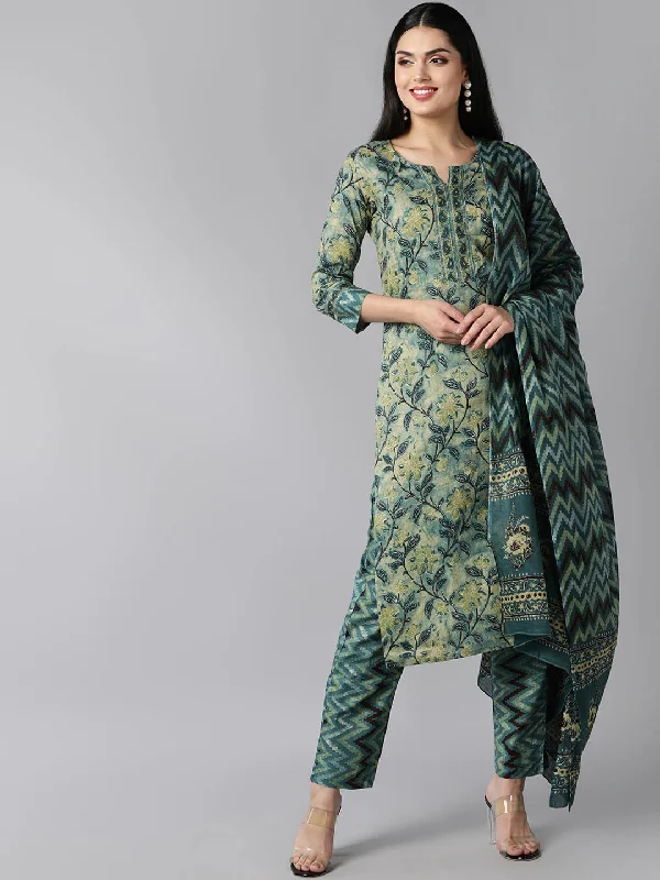 Women's Green Floral Printed Regular Pure Cotton Kurta With Pants Dupatta - Ahika Soft Wool Pants