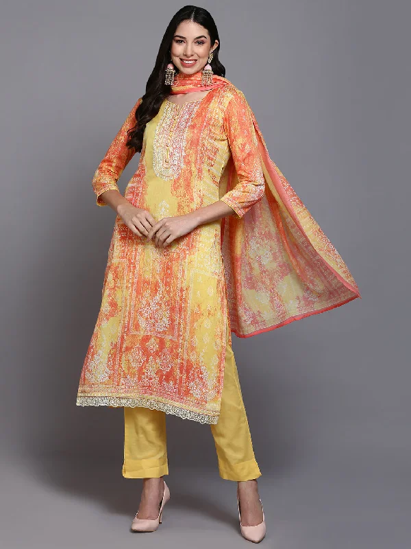 Women's Cotton Yellow Printed Straight Kurta Pant With Dupatta - Ahika Cozy Full-Length Pants