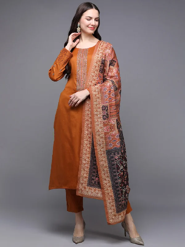 Women's Cotton Orange Embroidered Straight Kurta Pant With Dupatta - Ahika Classic Straight Pants