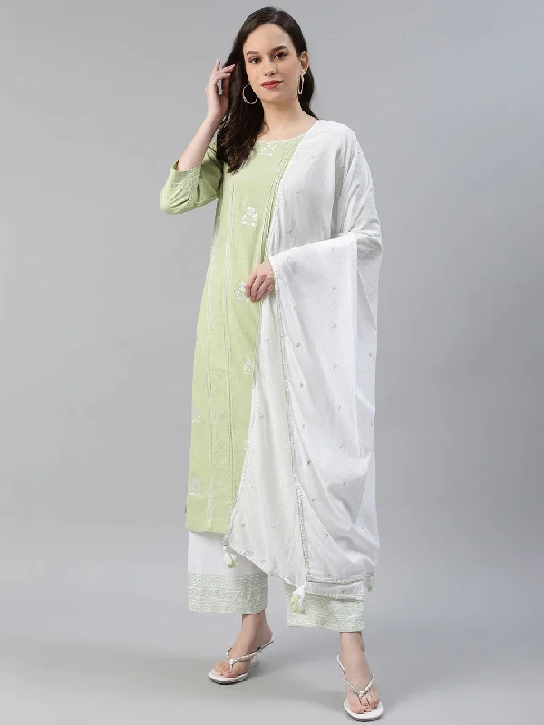 Women's Cotton Printed Kurta Pant Dupatta Set - Ahika Modern Bootcut Pants