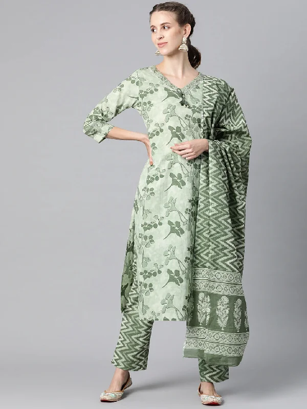 Women's Cotton Printed Kurta Pant Dupatta Set - Ahika Casual Skinny Fit Pants
