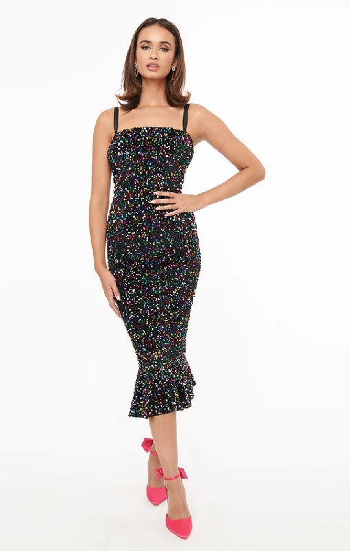Black Velvet & Rainbow Sequin Wiggle Dress by Unique Vintage Pencil Office Professional