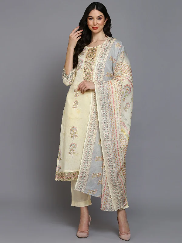 Women's Cotton Blend Lemon Yellow Printed Straight Kurta Pant With Dupatta - Ahika Stretch Fit Pants