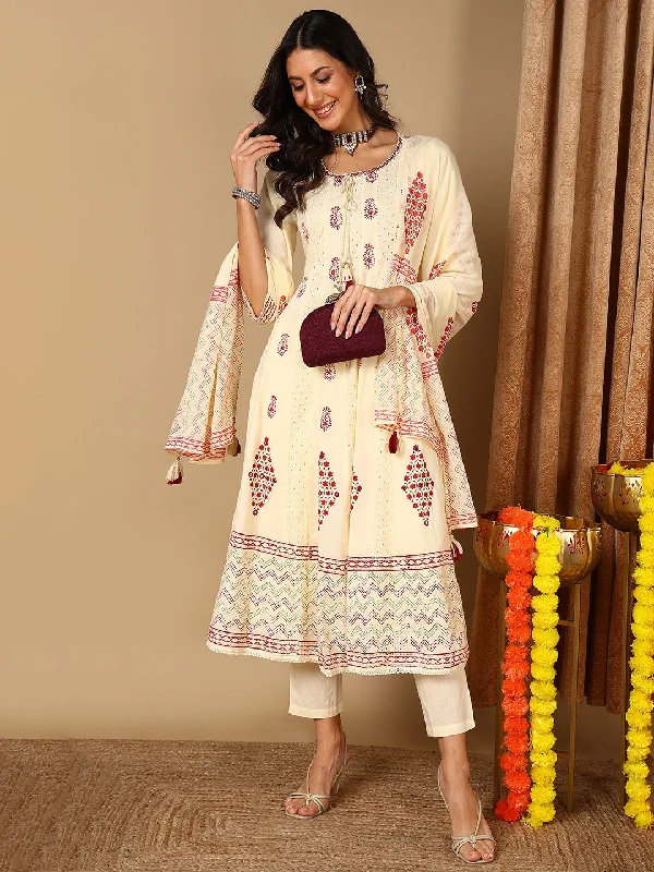 Women's Yellow Pure Cotton Ethnic Motifs Printed Kurta Pant With Dupatta  - Ahika Slim Fit Casual Pants