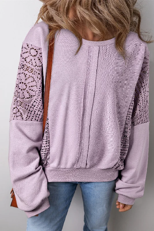 Eyelet Detail Sweatshirt - Lavender Hoodie with Ribbed Cuffs Snug Fit Comfort