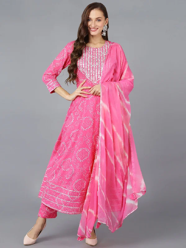 Women's Cotton Yoke Design Bandhani Printed Kurta Pant With Dupatta - Ahika Soft Sweatpants Style