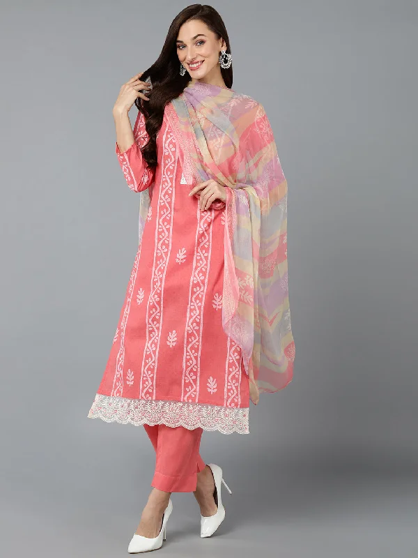 Women's Silk Blend Blush Pink Straight Kurta Pant With Dupatta - Ahika Relaxed High-Waist Trousers