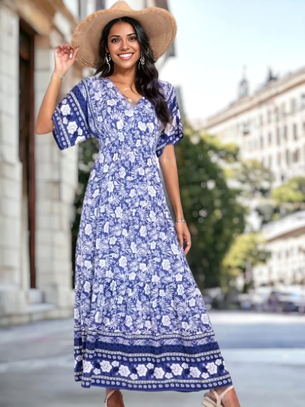 V Neck Tropical Floral Dress Shift Classic Vintage
