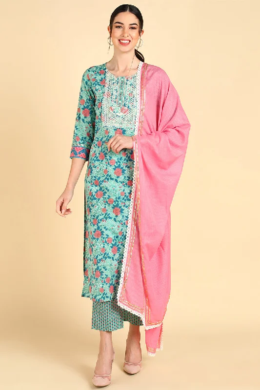Women's Cotton Floral Printed Kurta Pants With Dupatta Set  - Ahika Modern Skinny Pants