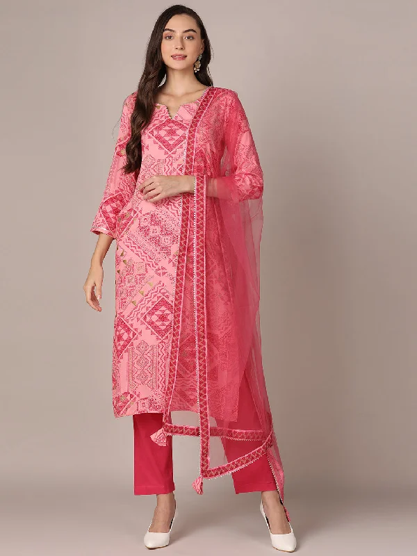 Women's Pink Viscose Rayon Geometric Printed Straight Kurta Pant With Dupatta - Ahika Classic Pleated Pants