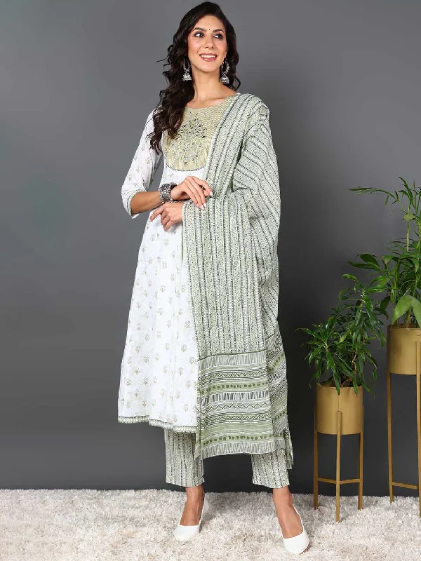 Women's Green Pure Cotton Ethnic Motifs Printed Kurta Pant With Dupatta  - Ahika Comfy High-Waist Jeans