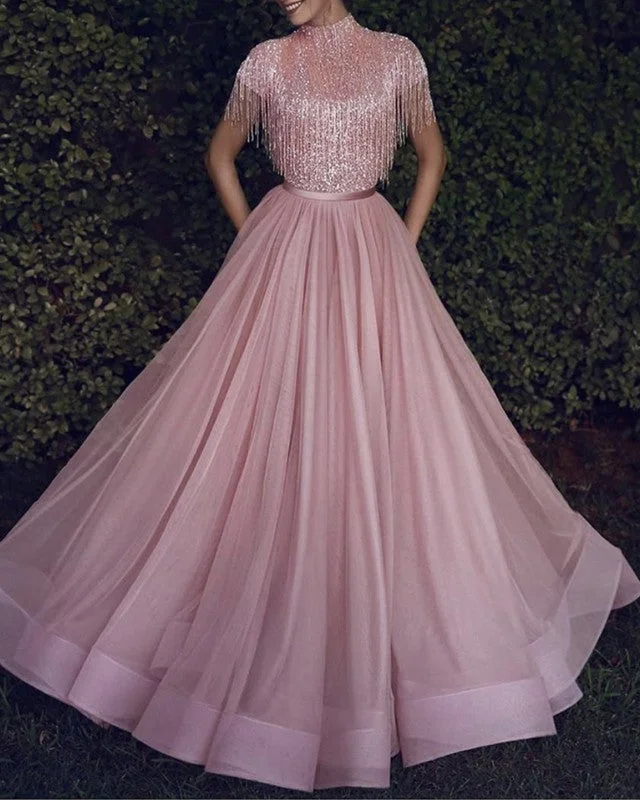 Modest Pink Prom Dresses Sequin High Neck Cap Sleeves Tunics Distressed trendy