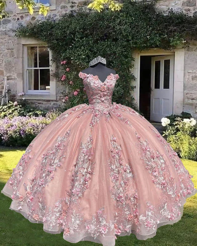 Light Pink Off Shoulder Quinceanera Dresses With 3D Flowers Tunics Polka dots