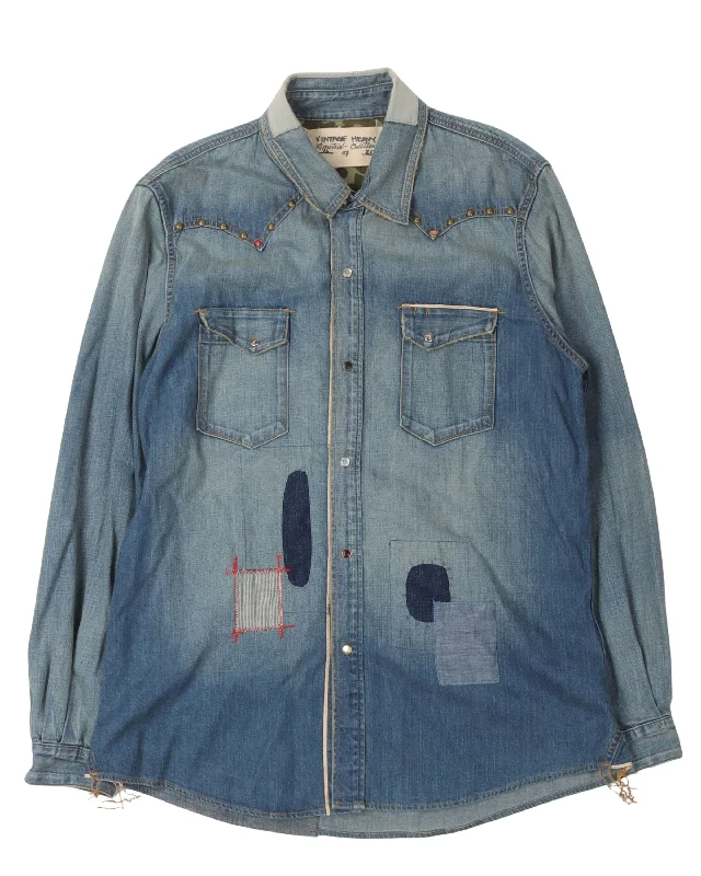 Limited Edition 16/20 Denim Western Shirt-- Jersey Fabric Tulle Fabric Batik Fabric