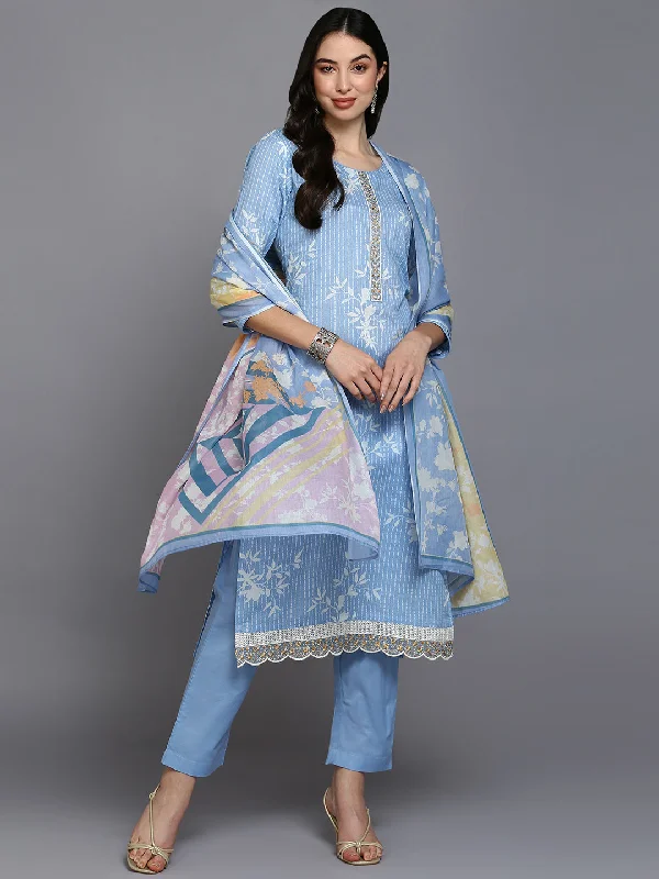 Women's Cotton Blend Blue Printed Straight Kurta Pant With Dupatta - Ahika Casual Sweatpants Style