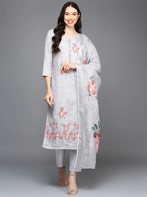 Women's Cotton Blend Grey Schiffli Straight Kurta Pant With Dupatta - Ahika Relaxed Linen Pants