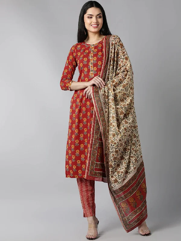 Women's Red Ethnic Motifs Printed Regular Pure Cotton Kurta With Pants With Dupatta - Ahika Trendy Printed Pants