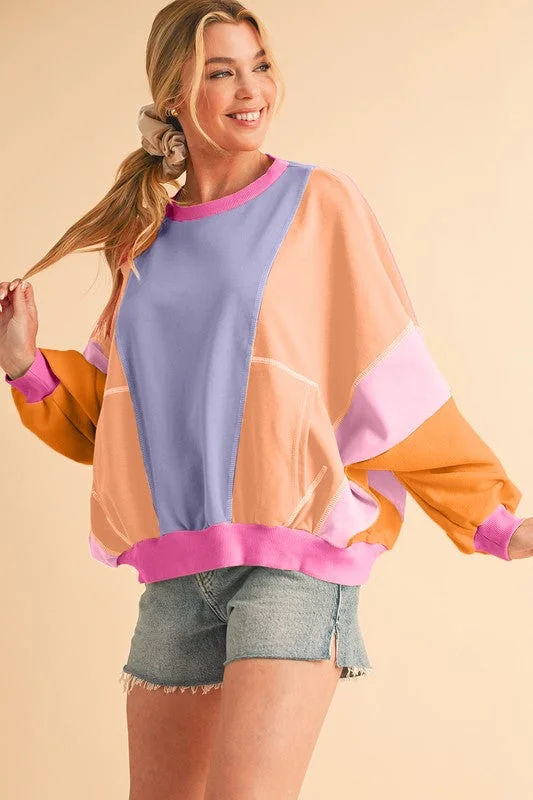 Retro Color Block Sweatshirt - Orchid and Coral Hoodie with Half-Zip Sporty Casual