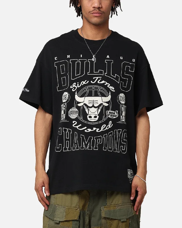 Mitchell & Ness Chicago Bulls 6 Time World Champions T-Shirt Faded Black-- Denim Fabric Leather Fabric Suede Fabric