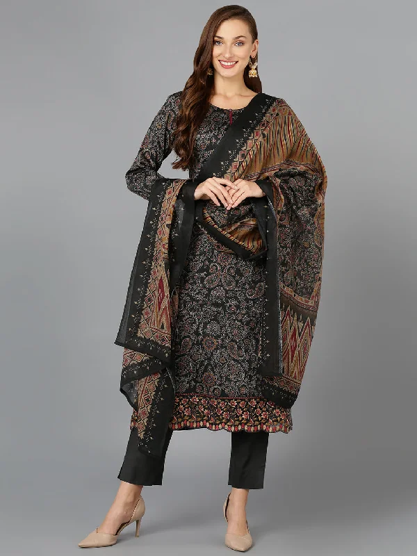 Women's Black Cotton Straight Kurta Pant With Dupatta - Ahika Comfy Zip-Up Pants