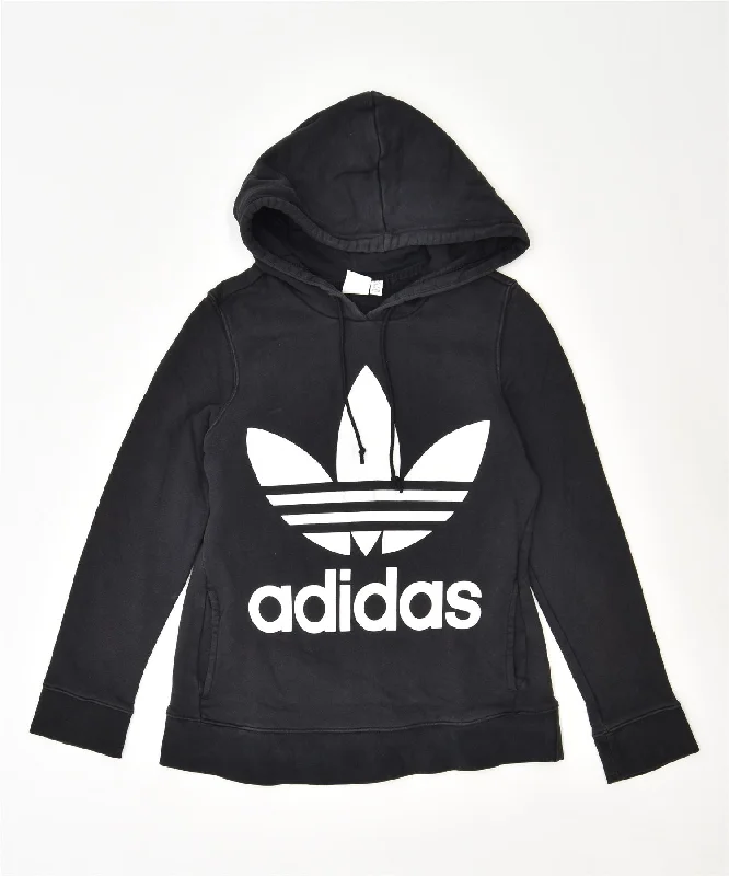ADIDAS Womens Graphic Hoodie Jumper UK 10 Small Black Cotton Hoodie with Magnetic Closure Innovative Modern
