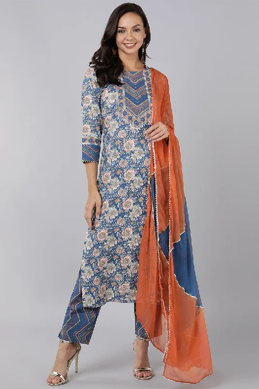 Women's Pure Cotton Printed Kurta Pants With Dupatta Set  - Ahika Elegant Palazzo Trousers