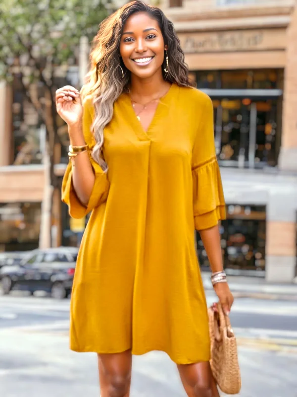 Pleated V Neck Straight Dress Tunics Long Elegant