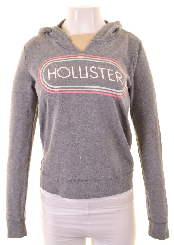 HOLLISTER Womens Hoodie Jumper UK 6 XS Grey Cotton Hoodie with Double Zipper Versatile Adjustable