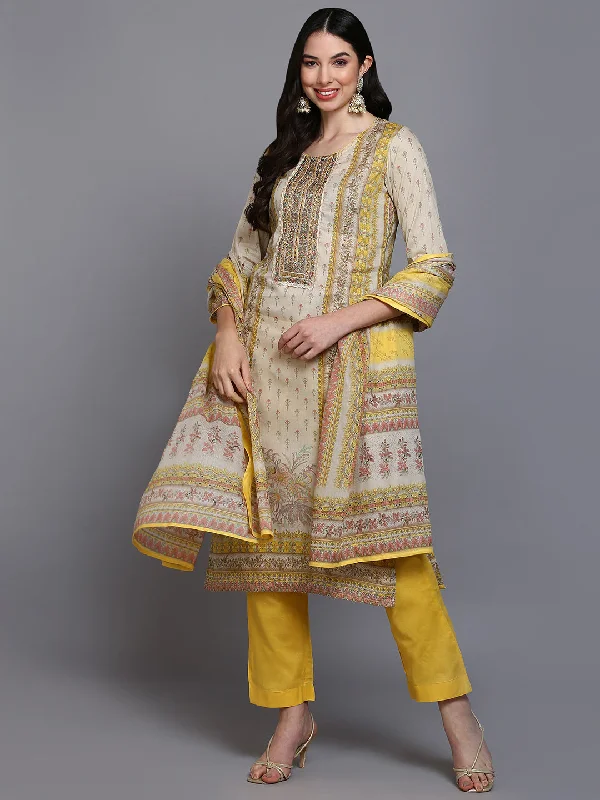 Women's Cotton Tan Embroidered Straight Kurta Pant With Dupatta - Ahika Stylish Elastic Waist Pants