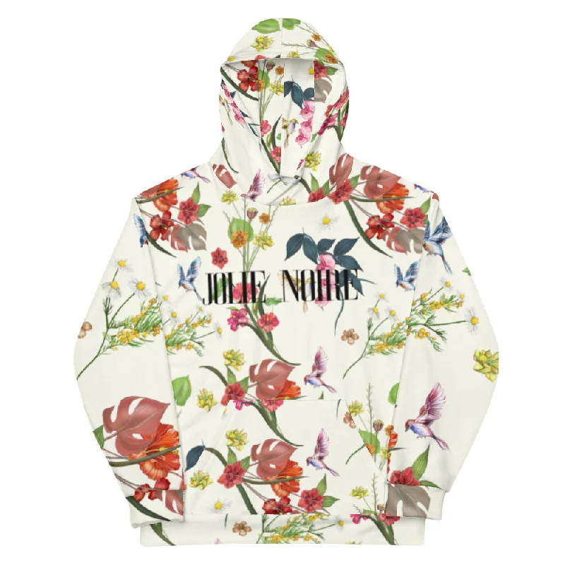 Noire Floral Hoodie- White Hoodie with Hem Drawcord Adjustable Customizable