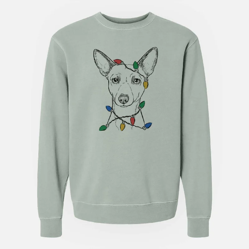 Christmas Lights Perry the Portuguese Podengo - Unisex Pigment Dyed Crew Sweatshirt Hoodie with Sequins Glamorous Eye-catching