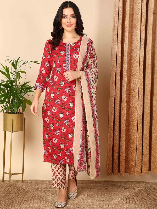 Women's Red Cotton Blend Floral Printed Straight Kurta Pant With Dupatta - Ahika Casual Track Pants