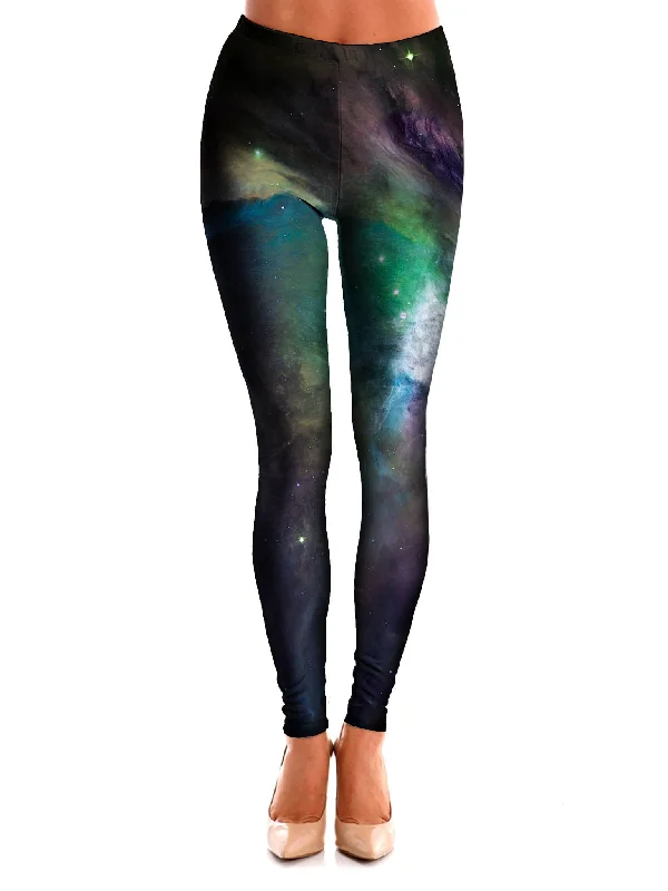 Galactic Green Galaxy Space Leggings Comfortable Slip-On Compression Leggings