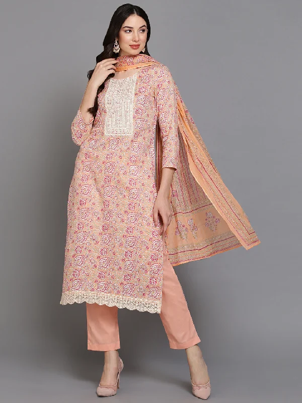 Women's Cotton Blend Peach Printed Straight Kurta Pant With Dupatta - Ahika Comfy Athletic Pants