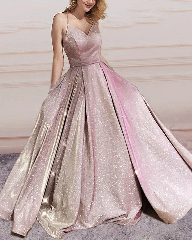 Glitter Prom Dresses Ball Gown With Pockets Cowl Neckline Elegant