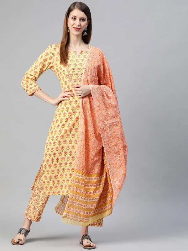 Women's Cotton Printed Kurta Pant Dupatta Set - Ahika Classic Chino Pants
