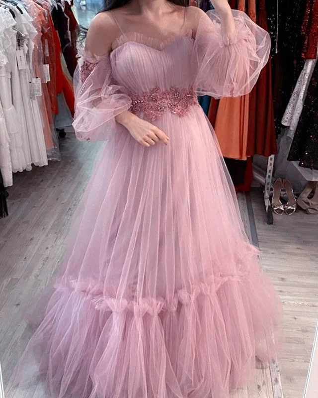 Puffy Sleeves Prom Dresses Tulle Ruffles Tunics Bridal satin