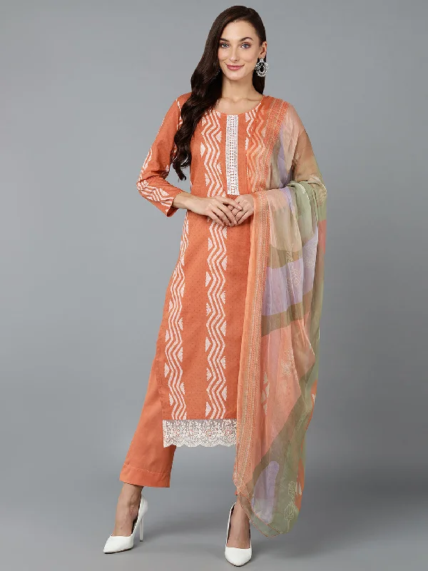 Women's Silk Blend Rust Straight Kurta Pant With Dupatta - Ahika Casual Skinny Fit Pants