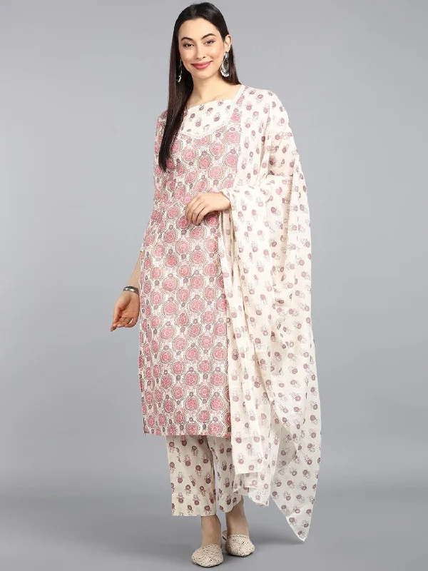 Women's Cotton Printed Kurta Pant Dupatta Set - Ahika Relaxed Fit Trousers