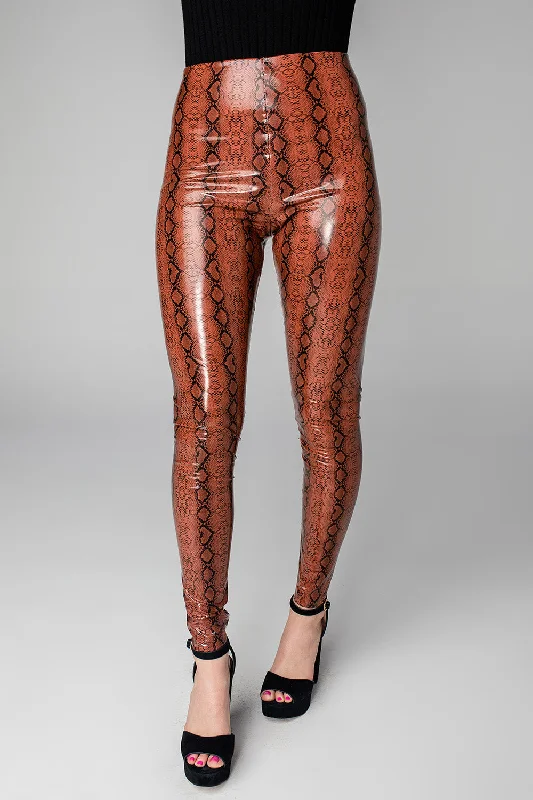 Mila Patent Vegan Leather Legging - Cognac Snake Trendy Digital Print Leggings