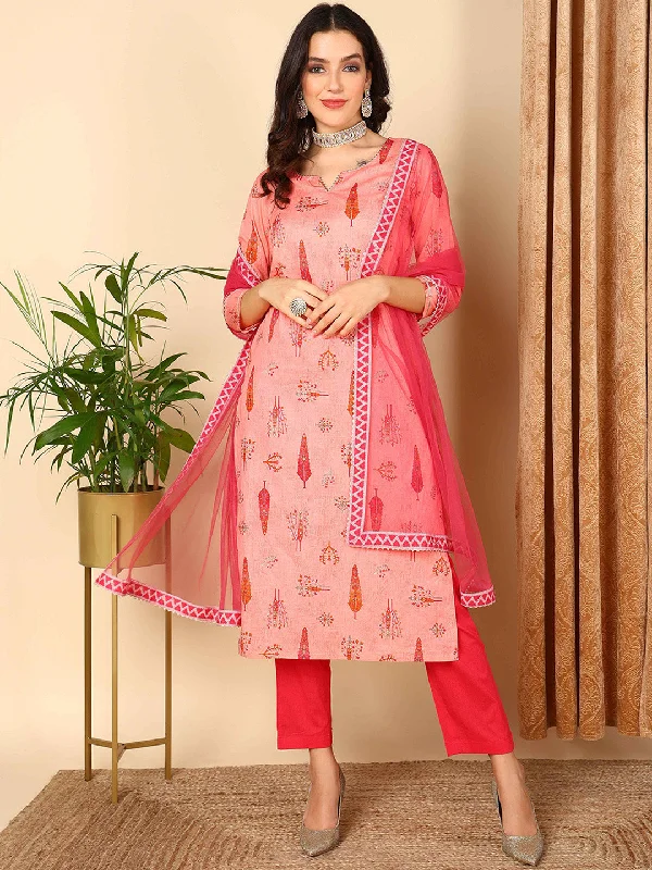 Women's Pink Pure Cotton Ethnic Motifs Printed Straight Kurta Pant With Dupatta - Ahika Elegant Palazzo Trousers