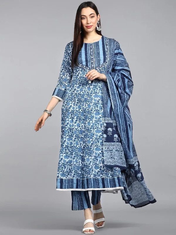 Women's Cotton Printed Kurta Pant Dupatta Set - Ahika Stylish Slim Trousers