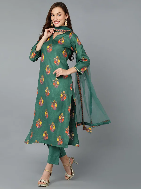 Women's Cotton Blend Floral Printed Kurta Pant With Dupatta - Ahika High-Waist Jeans