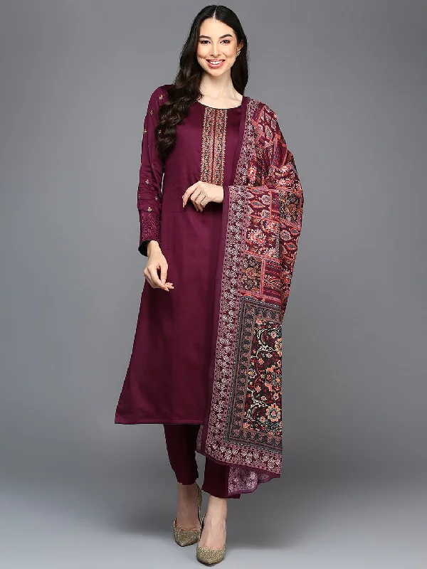 Women's Cotton Wine Embroidered Straight Kurta Pant With Dupatta - Ahika Casual Wide Pants