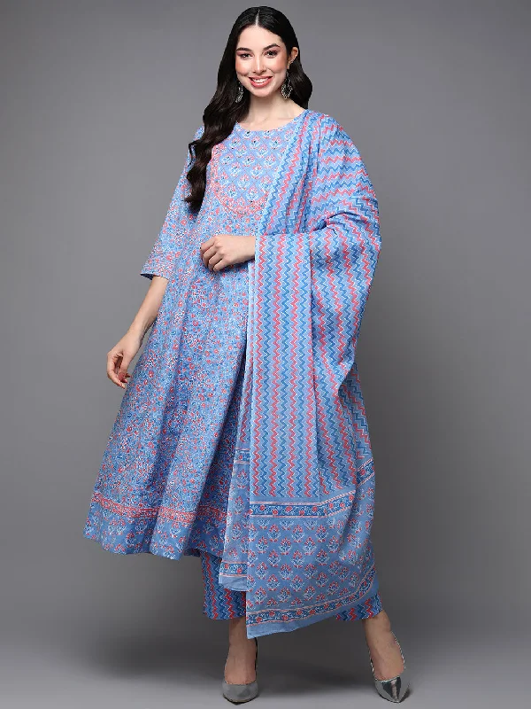 Women's Cotton Blue Ethnic Printed Flared Kurta Pant With Dupatta - Ahika Formal Stretch Pants