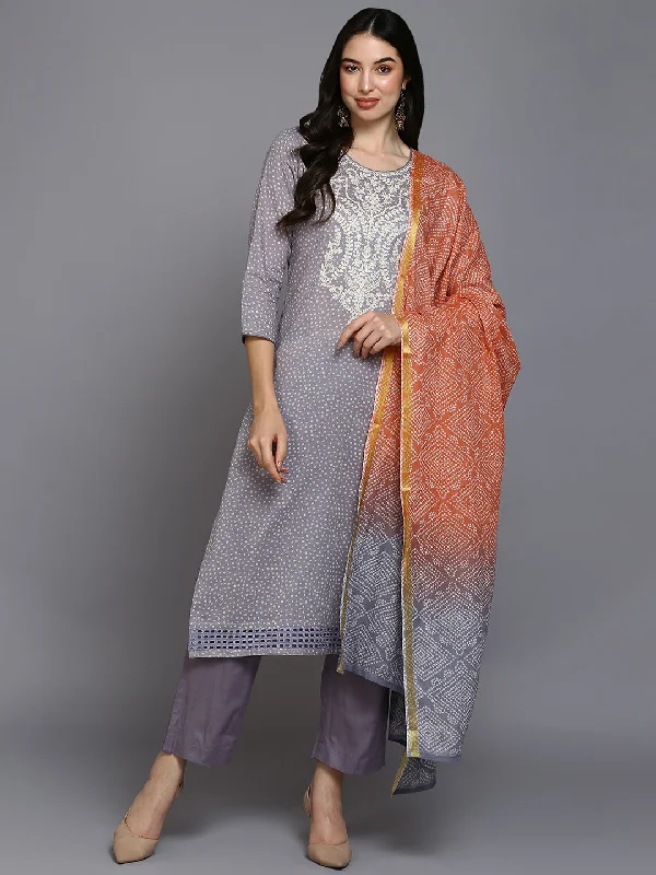Women's Cotton Lavender Bandhani Printed Straight Kurta Pant With Dupatta - Ahika Chic Faux Leather Pants