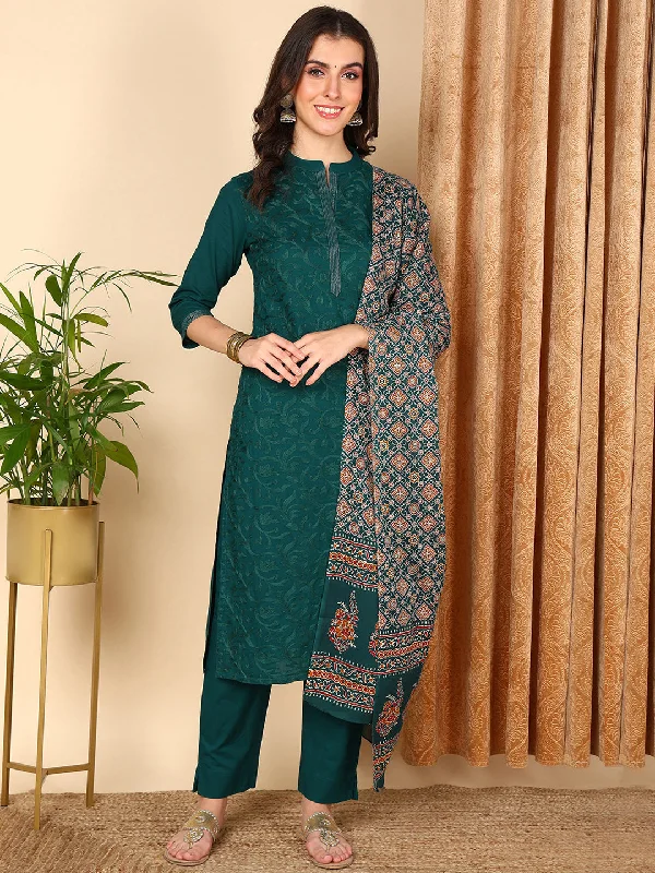 Women's Teal Pure Cotton Solid Embroidered Kurta Pant With Dupatta  - Ahika Comfortable Jogger Trousers