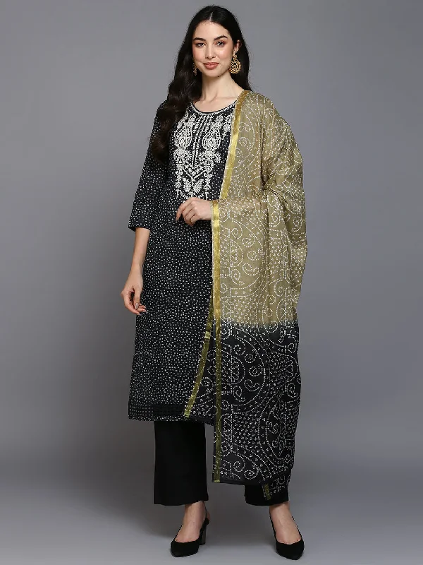 Women's Cotton Black Bandhani Printed Straight Kurta Pant With Dupatta - Ahika Trendy High-Waist Trousers